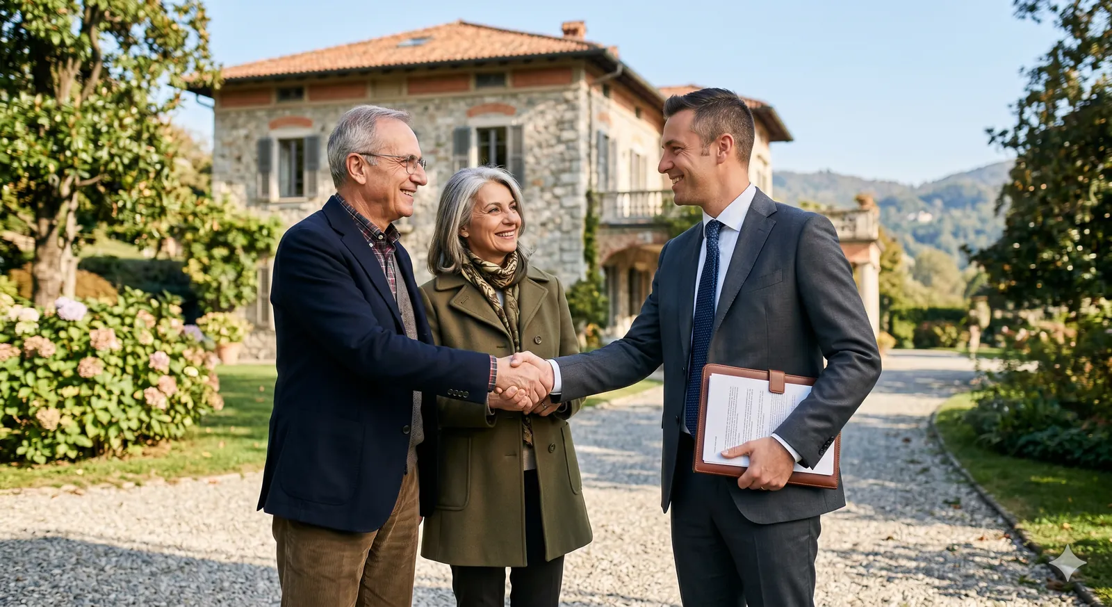 Coppia brianzola incontra un agente immobiliare di fiducia davanti a una villa in vendita in Brianza