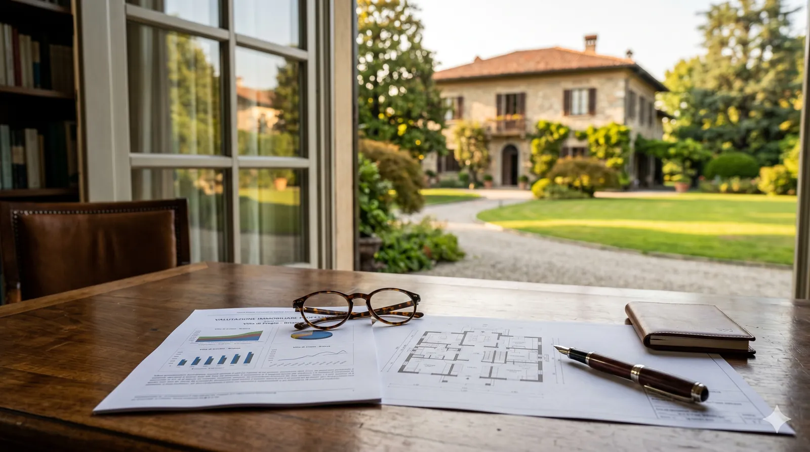 Valutazione professionale del prezzo di una villa di pregio in Brianza, con documenti e planimetria e la villa sullo sfondo