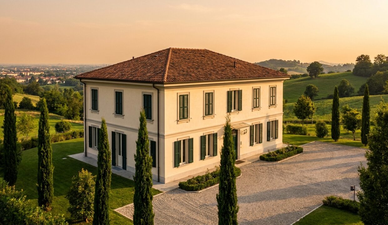 Villa di pregio in Brianza al tramonto, con giardino curato e viale d'accesso