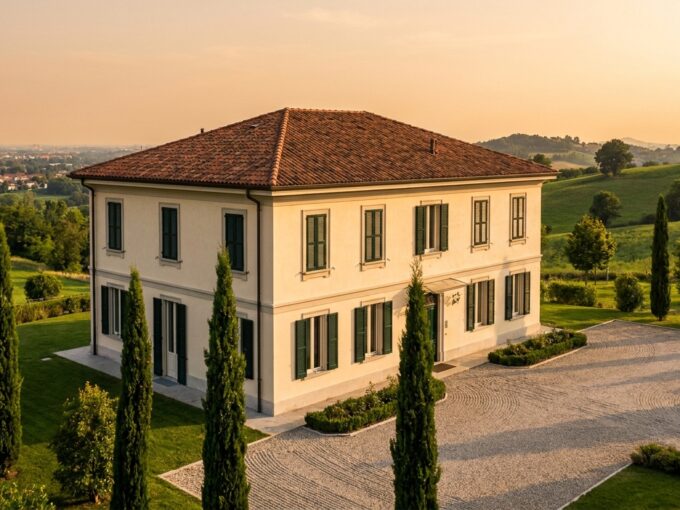 Villa di pregio in Brianza al tramonto, con giardino curato e viale d'accesso