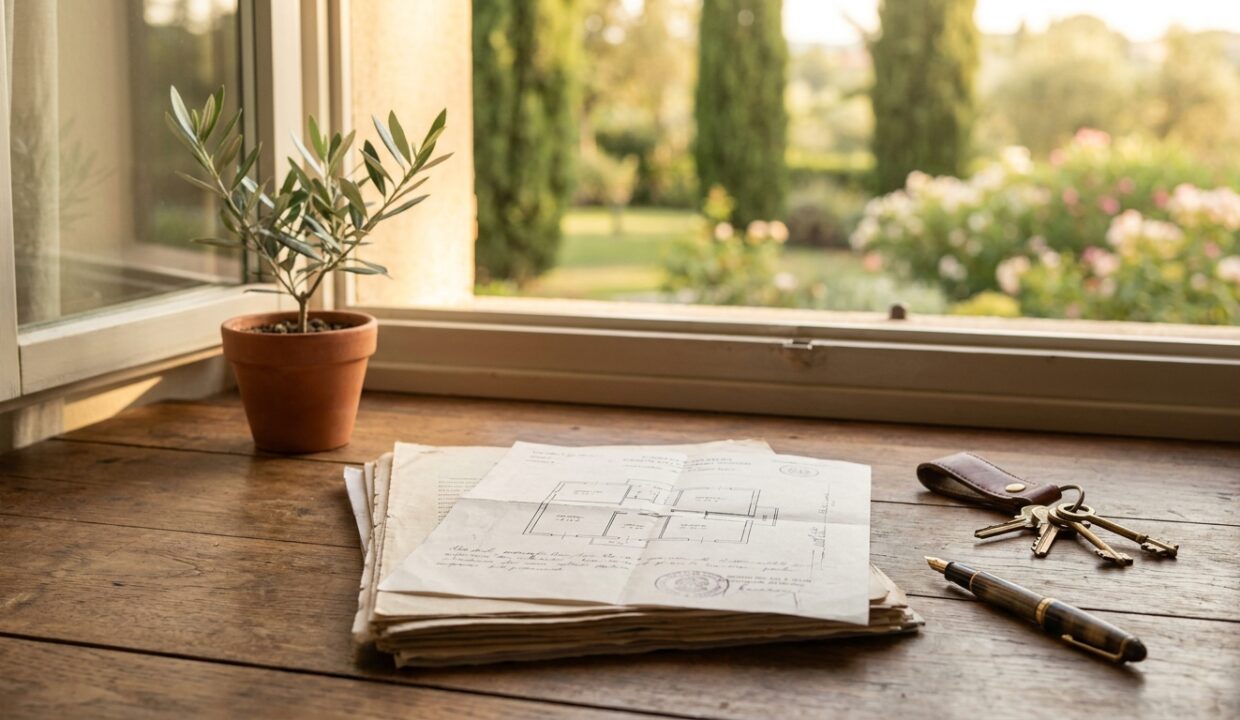 Documenti e planimetria per vendere una villa, su una scrivania accanto alla finestra affacciata sul giardino