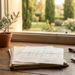Documenti e planimetria per vendere una villa, su una scrivania accanto alla finestra affacciata sul giardino