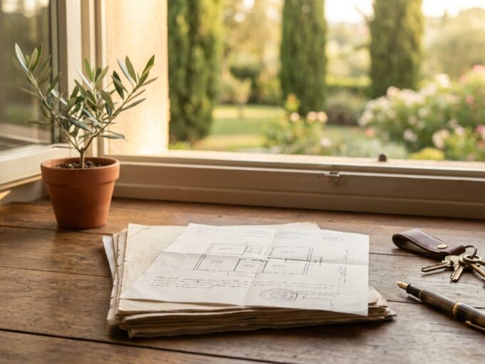 Documenti e planimetria per vendere una villa, su una scrivania accanto alla finestra affacciata sul giardino