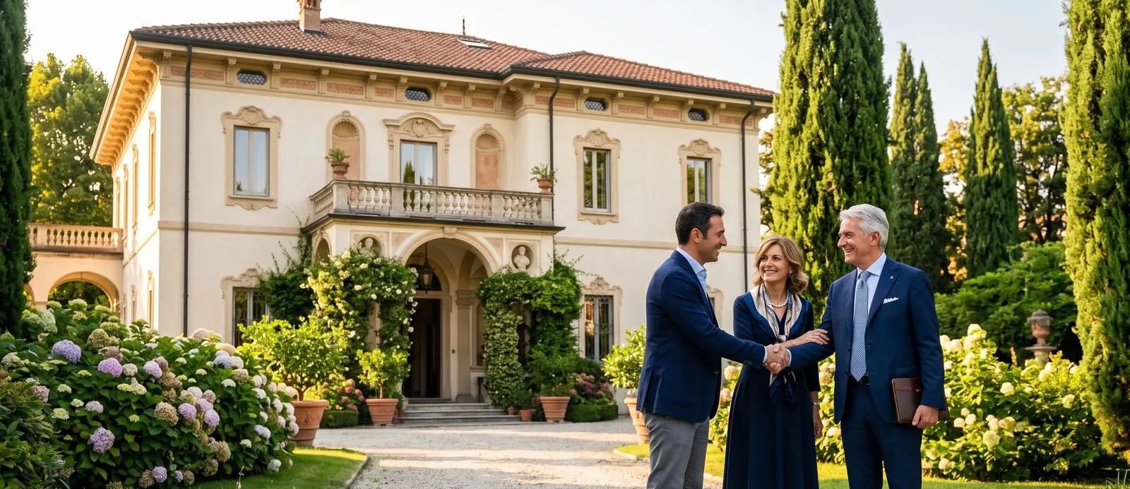 La firma dell'incarico in esclusiva con l'agenzia specializzata in ville Proprietari e agente immobiliare firmano l'incarico in esclusiva per la vendita della villa