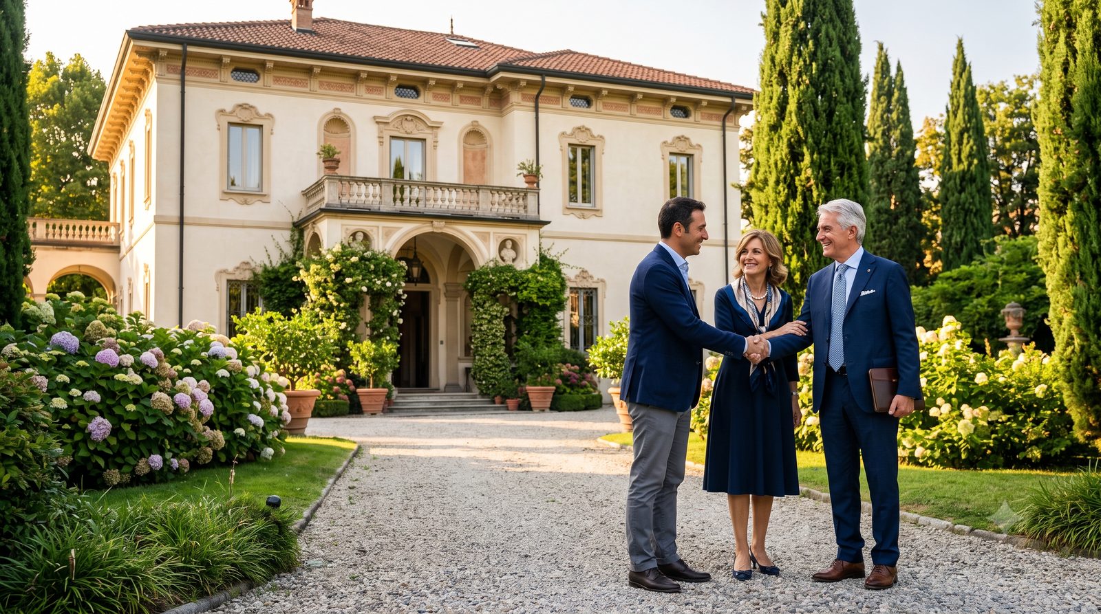La firma dell'incarico in esclusiva con l'agenzia specializzata in ville Proprietari e agente immobiliare firmano l'incarico in esclusiva per la vendita della villa