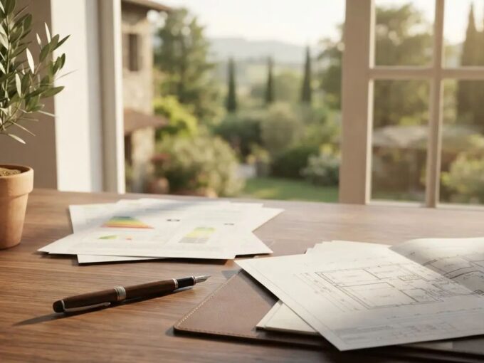 Attestato di prestazione energetica e planimetria su una scrivania, con il giardino di una villa sullo sfondo