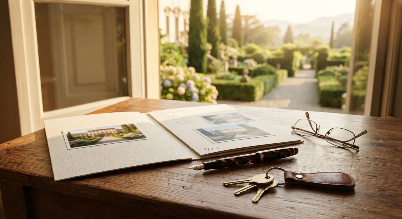 Fascicolo con le fotografie di una villa in vendita, chiavi e occhiali su un tavolo di legno