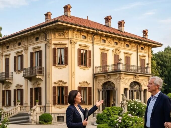 Agente immobiliare e proprietari davanti a una villa d'epoca in Brianza durante la valutazione