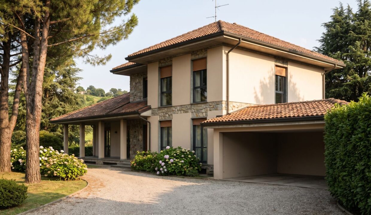 Villa lombarda degli anni Sessanta con giardino e vialetto in ghiaia, in vendita in Brianza