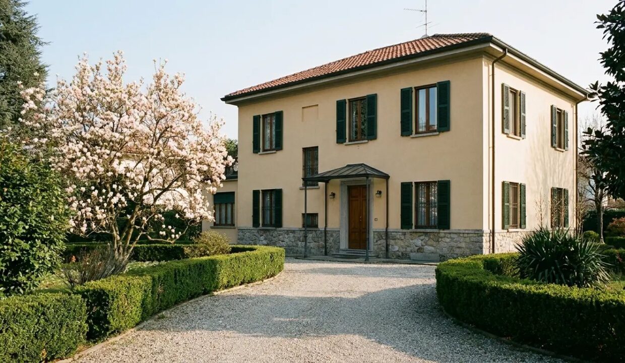 Villa anni Trenta in Brianza con magnolia in fiore e viale in ghiaia