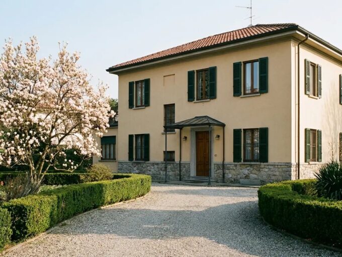 Villa anni Trenta in Brianza con magnolia in fiore e viale in ghiaia