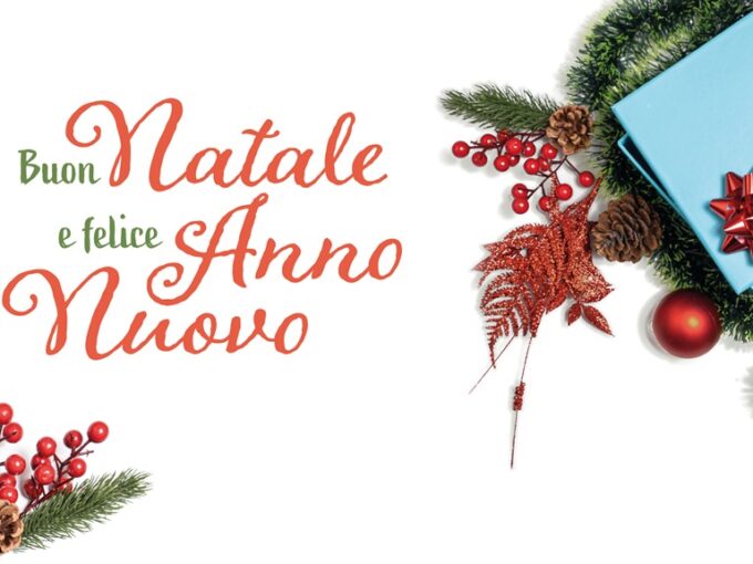 Banner con auguri natalizi in stile classico indicante "Buon Natale e felice anno nuovo" con decorazioni adatto alle front page dei social media