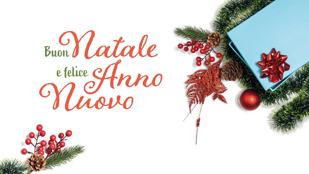 Banner con auguri natalizi in stile classico indicante "Buon Natale e felice anno nuovo" con decorazioni adatto alle front page dei social media