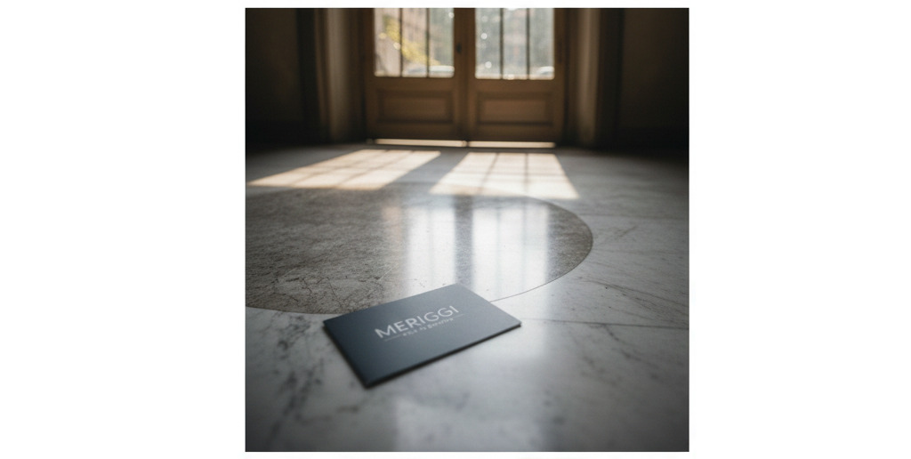 biglietto da visita dell'agenzia meriggi su un pavimento in marmo