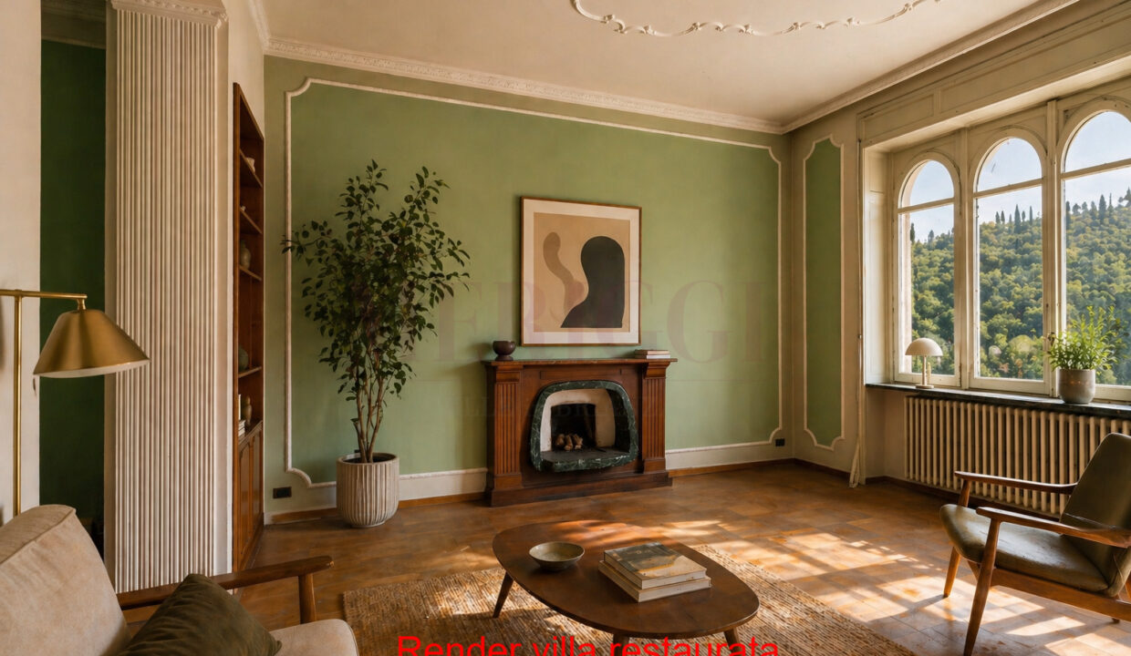 render soggiorno con camino - villa in vendita ad Asso - meriggi