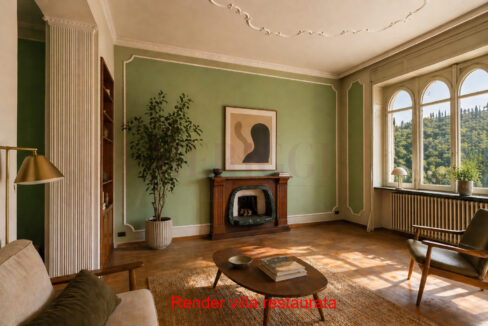 render soggiorno con camino - villa in vendita ad Asso - meriggi